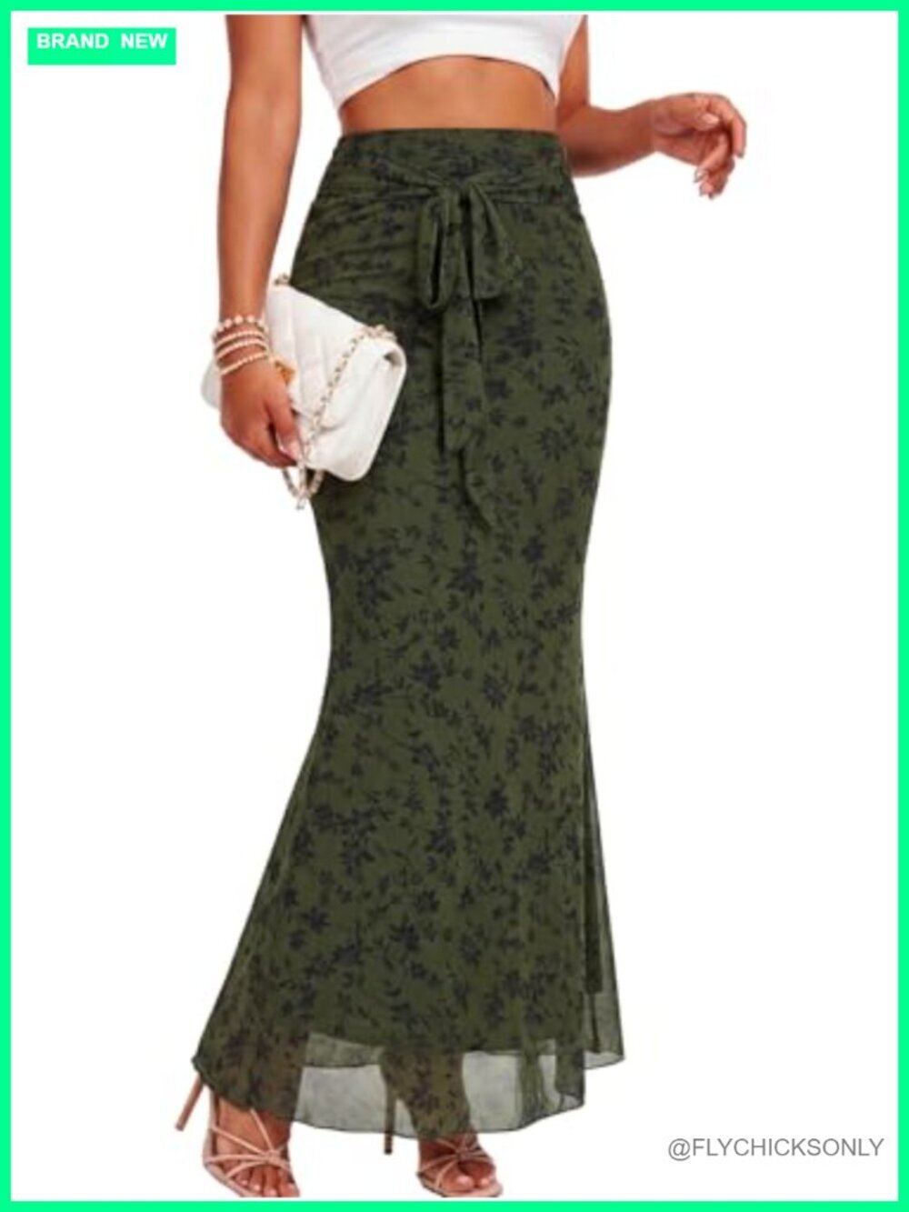 Ditsy Floral Print Mesh High Waisted Fishtail Bodycon Long Skirt Lettuce Trim